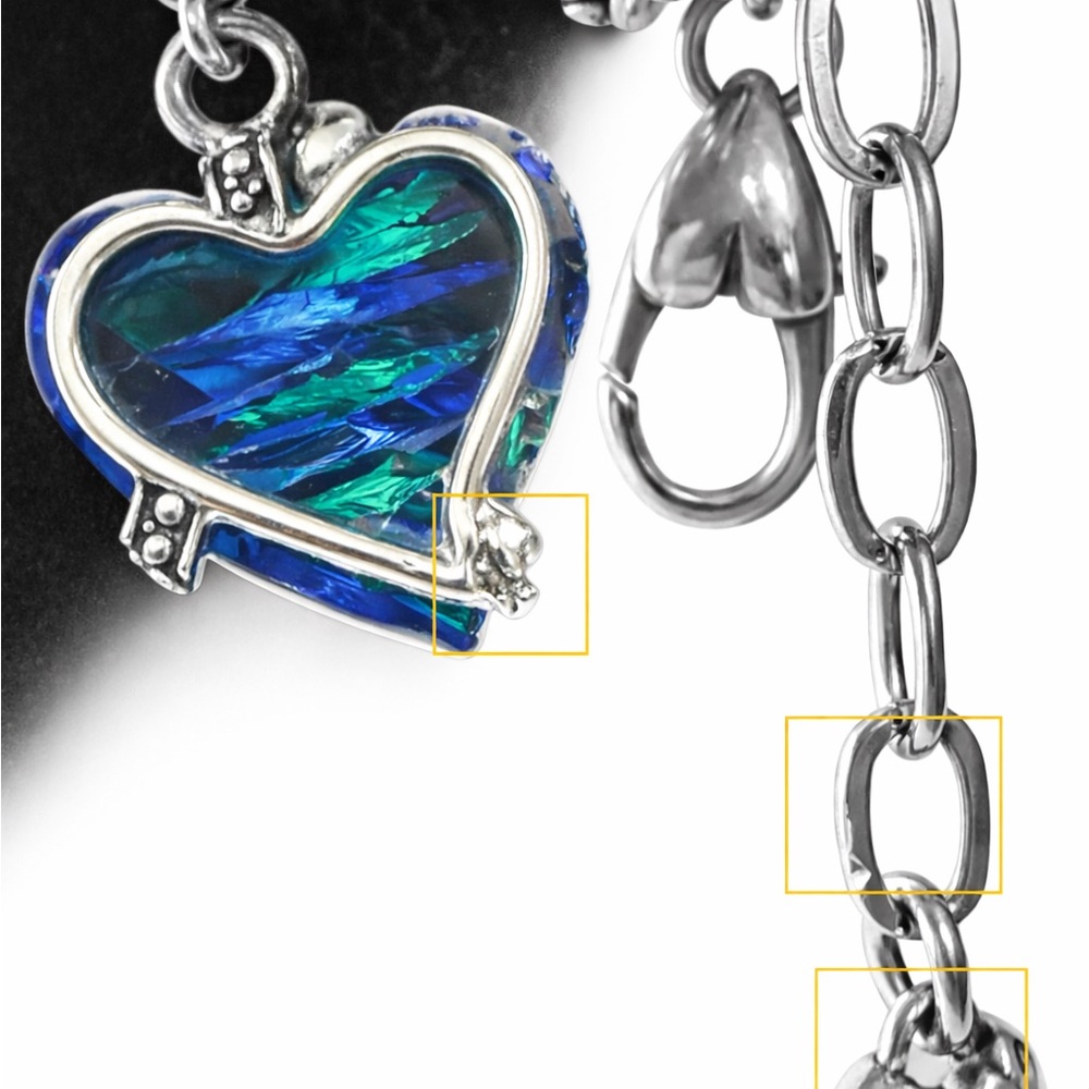 Brighton Silver Tone Triple Chain Bracelet Blue Green Heart Charm - Picture 3 of 8